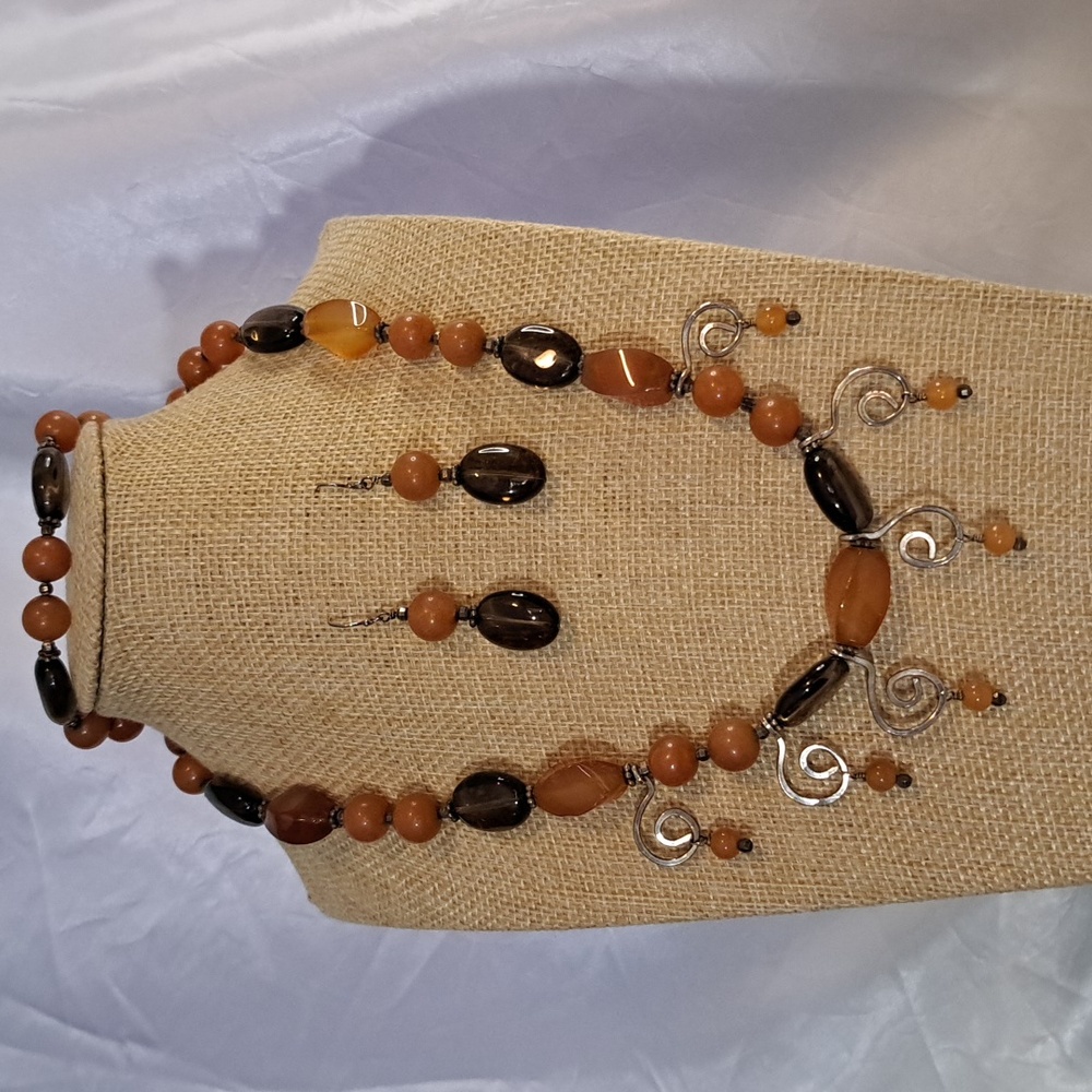 Hand Crafted Peach Aventurine Smoky Quartz Necklace and Earring Coord Set